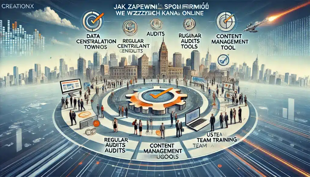 Ilustracja przedstawia kluczowe elementy zarządzania informacjami o firmie, takie jak centralizacja danych, regularne audyty, wykorzystanie narzędzi do zarządzania treściami oraz szkolenie zespołu. Tło to dynamiczny, cyfrowy krajobraz, podkreślający znaczenie spójności informacji we wszystkich kanałach online. Nazwa firmy creationX jest wyraźnie widoczna.