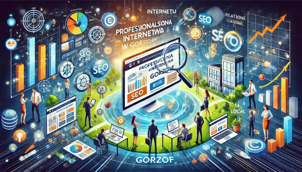 Ilustracja pokazuje wpływ profesjonalnej strony internetowej na biznes w Gorzowie. Obraz zawiera elementy takie jak nowoczesny interfejs strony internetowej, ludzie korzystający ze strony na różnych urządzeniach (laptopy, tablety, smartfony) oraz ikony reprezentujące SEO, responsywny design i zaangażowanie lokalnych klientów. Tło to żywy, cyfrowy krajobraz, podkreślający wzrost, zasięg i zadowolenie klientów. Nazwa firmy creationX jest wyraźnie widoczna.