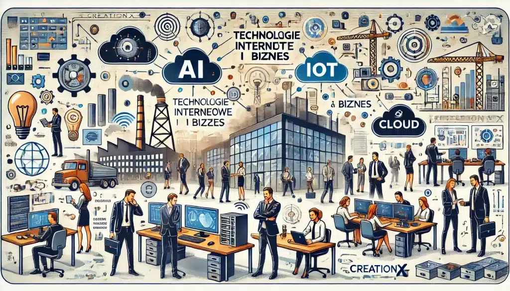 Ilustracja przedstawia wpływ nowoczesnych technologii internetowych na biznes. Obraz pokazuje różne elementy, takie jak sztuczna inteligencja (AI), Internet Rzeczy (IoT) oraz chmura obliczeniowa w działaniu. Widać sceny, w których profesjonalni biznesmeni korzystają z narzędzi zasilanych AI, fabrykę z czujnikami IoT monitorującymi maszyny oraz pracowników uzyskujących dostęp do danych za pomocą usług chmurowych. Tło to nowoczesne biuro, podkreślające efektywność, komunikację i analizę danych. Ilustracja jest dynamiczna i angażująca, z naciskiem na technologię i współpracę. Nazwa firmy creationX jest wyraźnie widoczna.