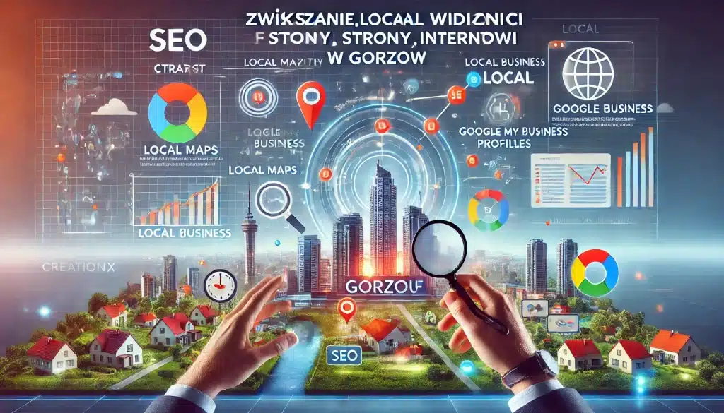 Ilustracja przedstawia strategie zwiększania lokalnej widoczności strony internetowej dla firm w Gorzowie. Obraz zawiera elementy takie jak wykresy SEO, lokalne mapy, profile Google Moja Firma oraz treści skierowane do lokalnych klientów. Tło to dynamiczny, cyfrowy krajobraz, podkreślający wzrost, widoczność i zaangażowanie klientów. Nazwa firmy creationX jest wyraźnie widoczna