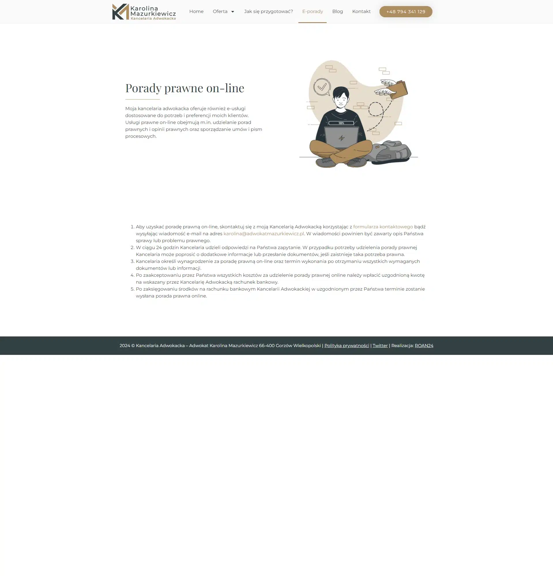 Strona E-porady stworzona przez creationX dla Kancelarii Adwokackiej Karoliny Mazurkiewicz, umożliwiająca klientom uzyskanie porad prawnych online.