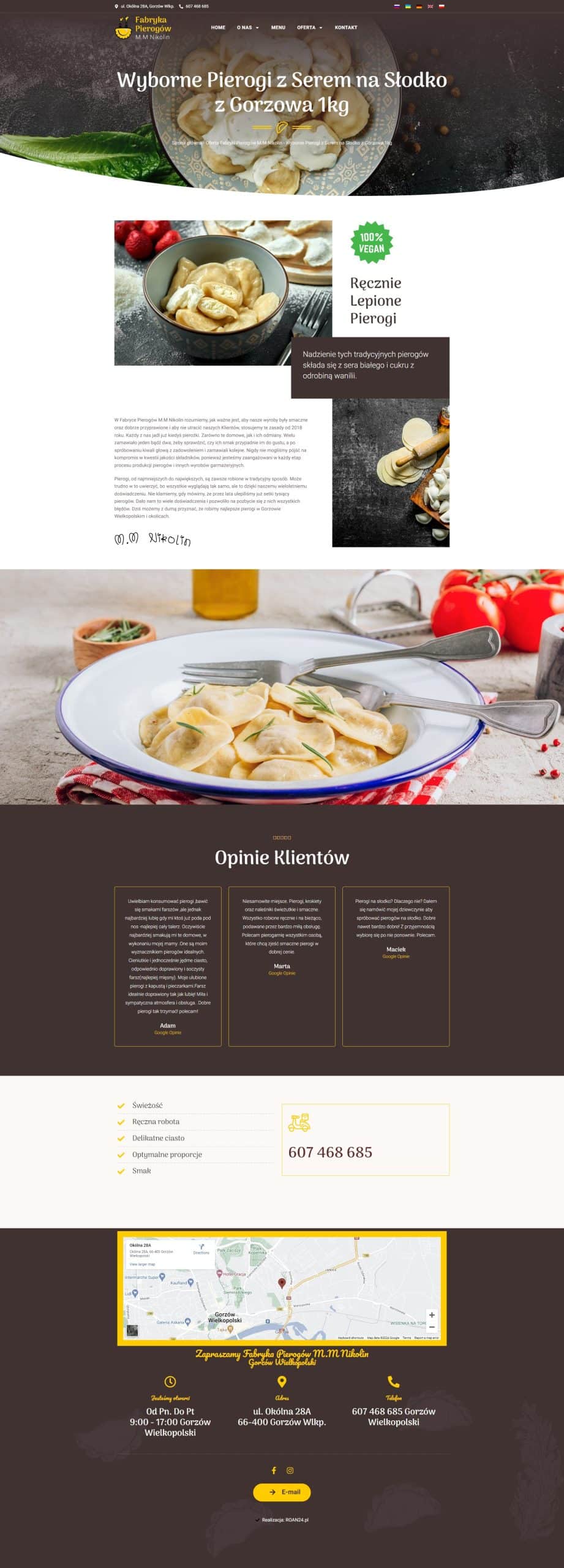 Strona produktu Wyborne Pierogi z Serem na Słodko dla Fabryki Pierogów M.M Nikolin stworzona przez creationX, prezentująca szczegóły i informacje o produkcie.
