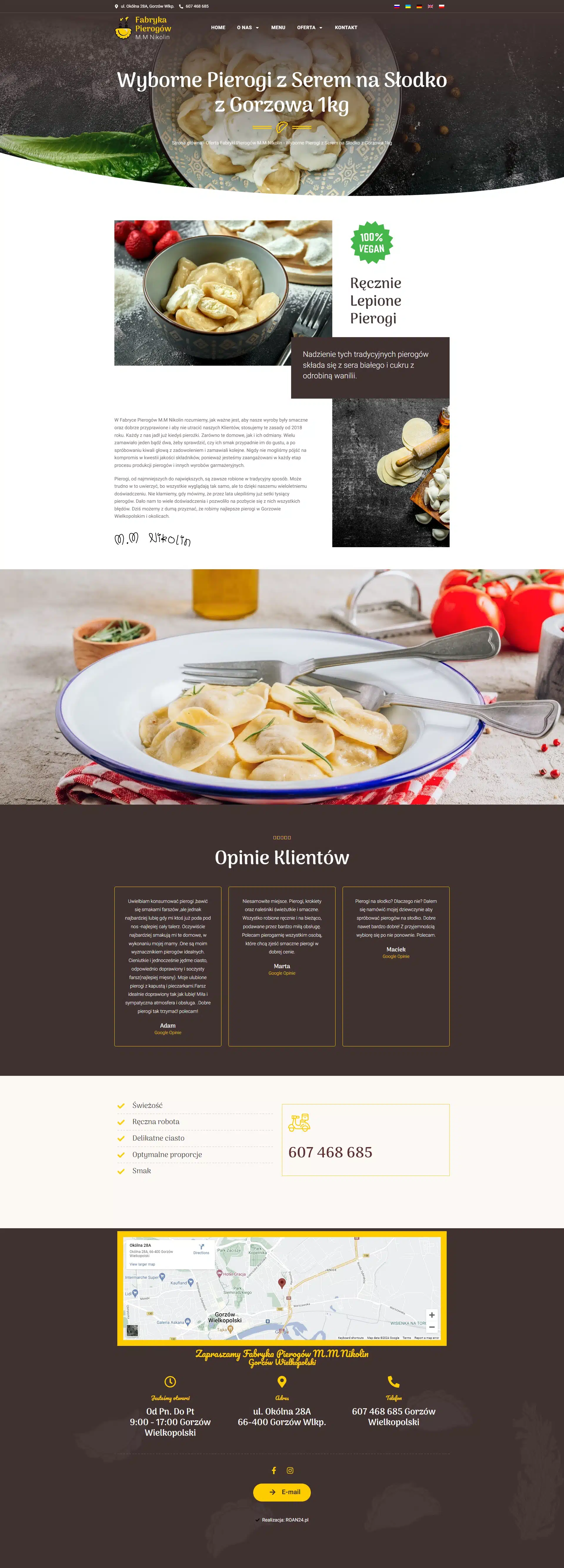 Strona produktu Wyborne Pierogi z Serem na Słodko dla Fabryki Pierogów M.M Nikolin stworzona przez creationX, prezentująca szczegóły i informacje o produkcie.