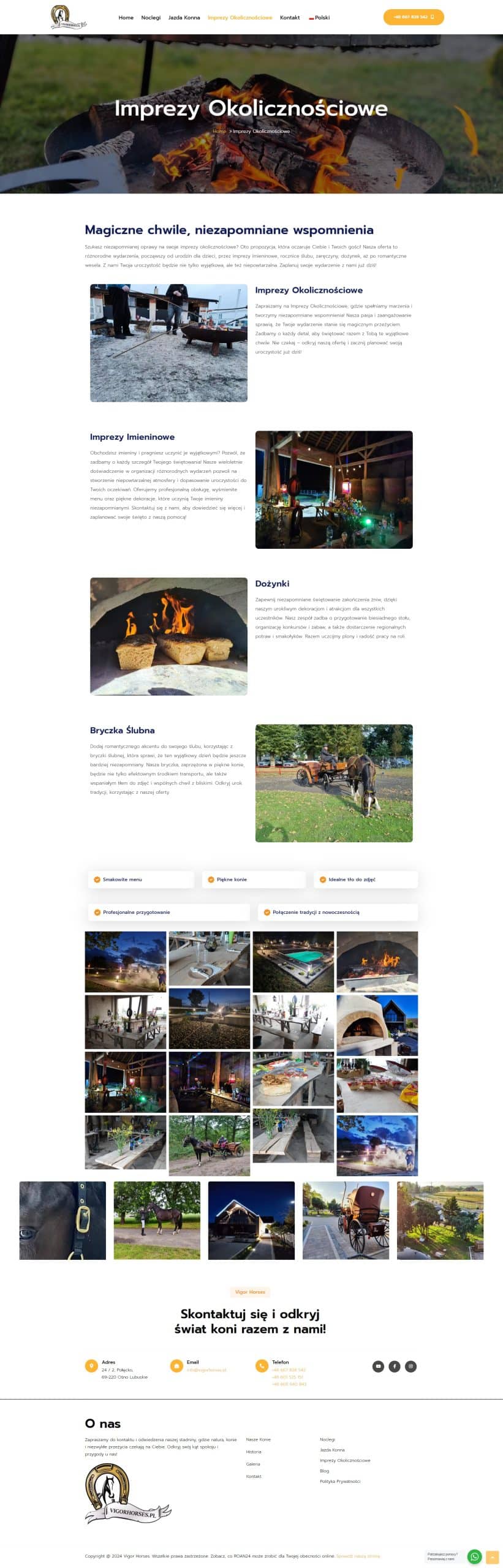 Zrzut ekranu strony internetowej dla firmy Vigor Horses, zaprojektowanej przez creationX. Strona przedstawia ofertę imprez okolicznościowych, takich jak imieniny, dożynki i bryczki ślubne, z atrakcyjnymi zdjęciami i szczegółowymi opisami. Na dole strony znajdują się galerie zdjęć z różnych wydarzeń oraz dane kontaktowe firmy. Design strony jest przejrzysty i przyjazny użytkownikowi, z estetycznymi elementami graficznymi, podkreślającymi profesjonalizm i pasję firmy Vigor Horses do organizacji wyjątkowych wydarzeń.