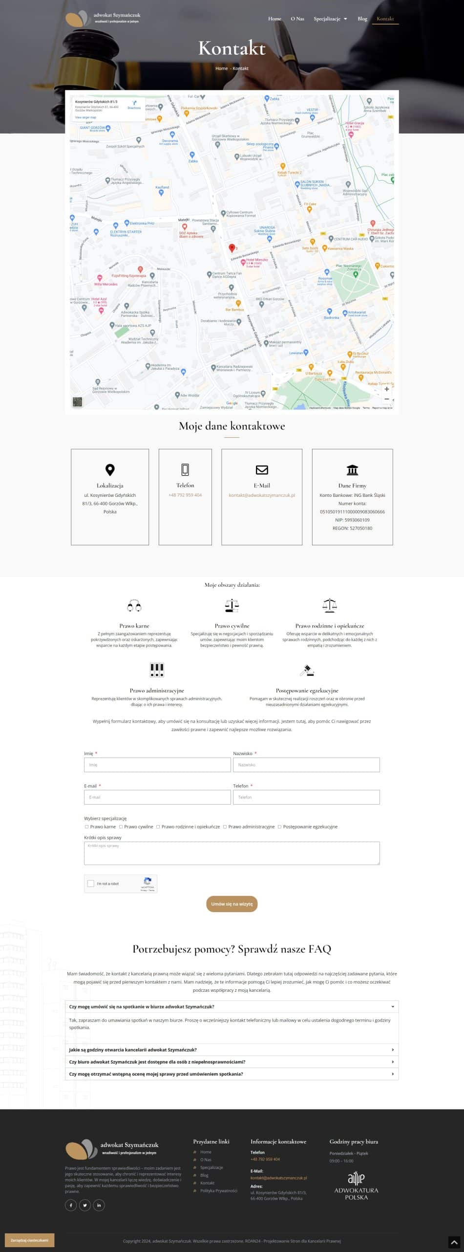creationX - Strona "Kontakt" dla Kancelarii Adwokackiej Szymańczuk z danymi kontaktowymi, mapą lokalizacyjną i formularzem kontaktowym.