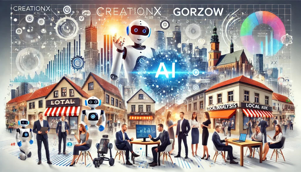 Obraz szeroki przedstawiający wpływ sztucznej inteligencji (AI) na małe firmy w GORZOWIE. Po lewej stronie znajdują się roboty interaktywne rozmawiające z klientami, symbolizujące automatyzację obsługi klienta za pomocą AI. W centrum widać grafiki przedstawiające analizę danych i wykresy, ilustrujące wykorzystanie AI do analizy i podejmowania decyzji biznesowych. W tle znajdują się zautomatyzowane systemy i komputery, pokazujące zastosowanie AI w automatyzacji procesów biznesowych. Na pierwszym planie po prawej stronie widać lokalny sklep lub małe biuro z właścicielami małych firm, którzy wyglądają na szczęśliwych i odnoszących sukcesy dzięki wykorzystaniu AI. W tle widoczna jest nowoczesna panorama miasta GORZOW, podkreślająca zarówno tradycyjne, jak i nowoczesne elementy miejskie. Słowa "creationX" i "GORZOW" są wyraźnie widoczne na całym obrazie, co wskazuje na zaangażowanie firmy creationX i lokalizację działań. Obraz jest jasny i angażujący, utrzymany w profesjonalnym, lecz przyjaznym stylu.