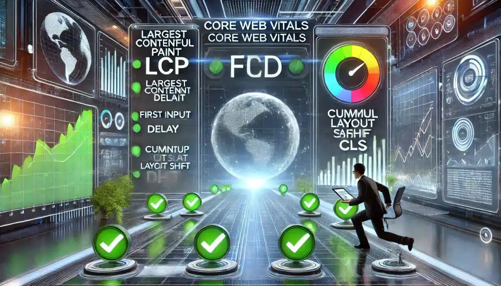 Optymalizacja strony internetowej pod kątem wskaźników Core Web Vitals. Na pierwszym planie znajdują się ikonki reprezentujące trzy główne wskaźniki: Largest Contentful Paint (LCP), First Input Delay (FID) oraz Cumulative Layout Shift (CLS). Obok nich widnieją zielone znaki kontrolne, symbolizujące pomyślną optymalizację tych wskaźników. W tle widać szybko ładującą się stronę internetową, co podkreśla temat wydajności. Cała scena ma nowoczesny, futurystyczny styl, a w górnej części obrazu wyróżnia się wyraźnie napis creationX, podkreślający kluczową rolę tej firmy w optymalizacji stron.