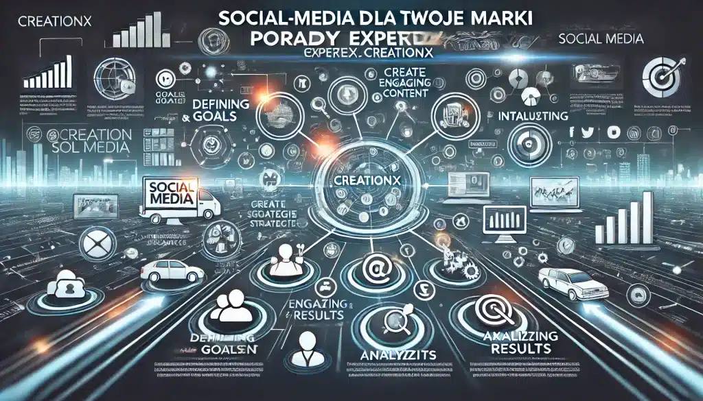 Ilustracja przedstawia skuteczne strategie promocji marki w mediach społecznościowych. Obraz zawiera elementy takie jak definiowanie celów i strategii, tworzenie angażujących treści, interakcja z odbiorcami, analiza wyników oraz optymalizacja i adaptacja. Tło to dynamiczny, cyfrowy krajobraz, podkreślający kompleksowy proces zarządzania marką w mediach społecznościowych. Nazwa firmy creationX jest wyraźnie widoczna.