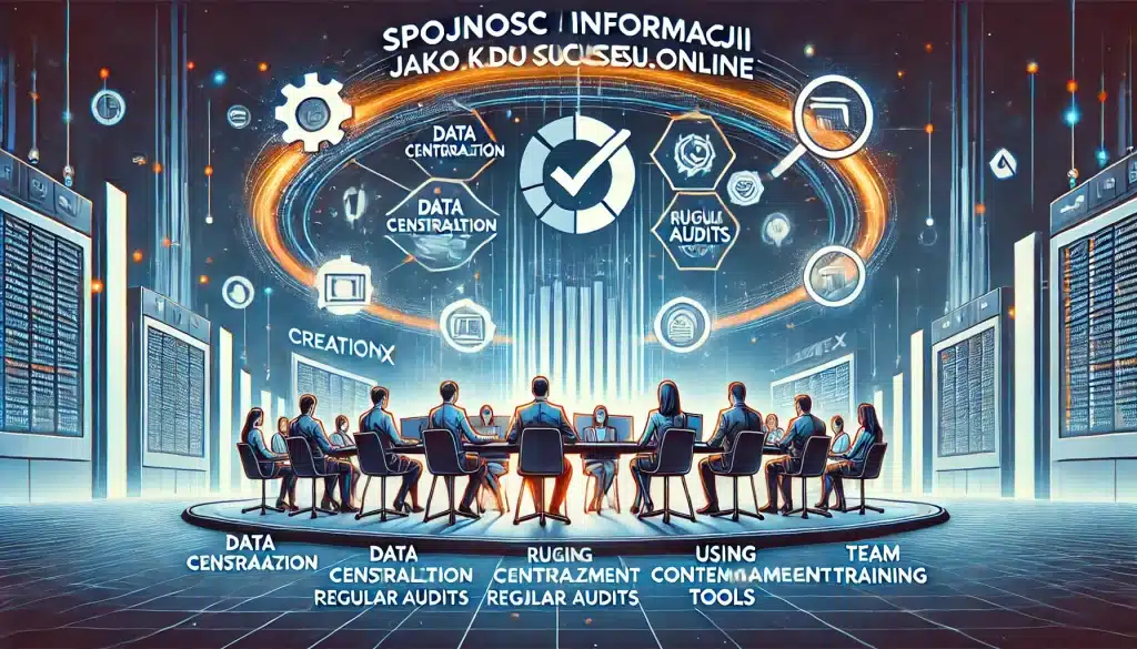 Ilustracja przedstawia kluczowe elementy zarządzania informacjami o firmie, takie jak centralizacja danych, regularne audyty, wykorzystanie narzędzi do zarządzania treściami oraz szkolenie zespołu. Tło to dynamiczny, cyfrowy krajobraz, podkreślający znaczenie spójności informacji we wszystkich kanałach online. Nazwa firmy creationX jest wyraźnie widoczna