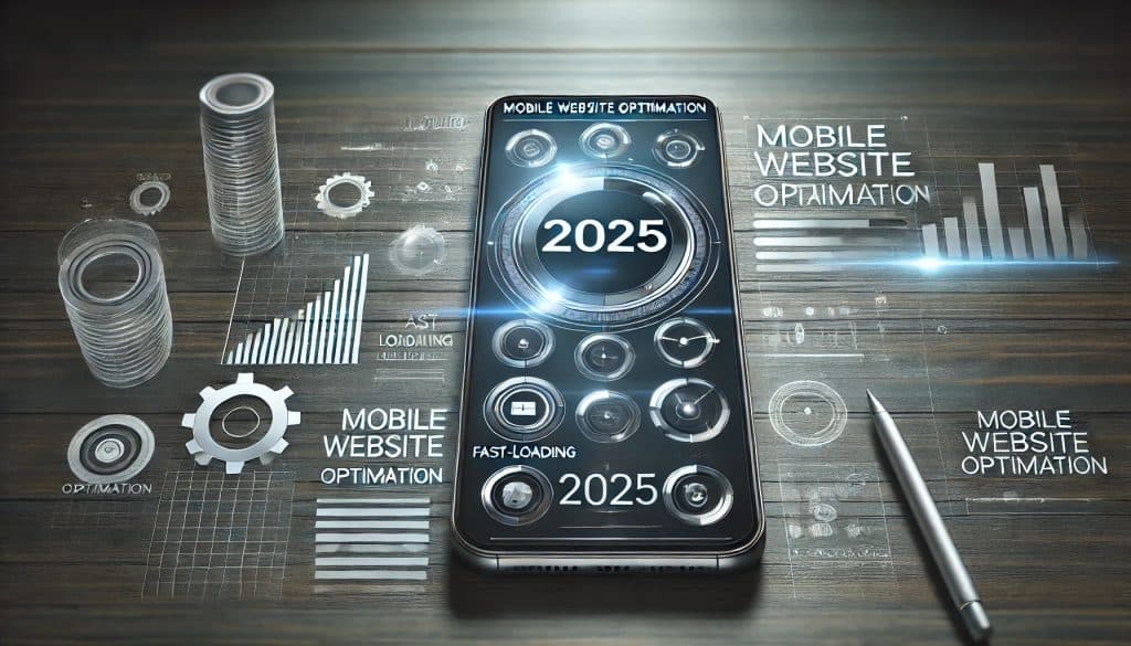 Obraz przedstawia dynamiczną scenę związaną z optymalizacją stron mobilnych na rok 2025. W centralnej części widoczny jest duży smartfon z ekranem pokazującym prosty, czytelny interfejs mobilnej strony internetowej. Na ekranie telefonu widoczne są różne elementy, jak przycisk „CTA” oraz ikony sugerujące szybkość i łatwość obsługi. Tło obrazu jest subtelne, w tonacji profesjonalnych kolorów – z delikatnymi ikonami przedstawiającymi koła zębate i wykresy, co symbolizuje technologiczną zaawansowanie i wzrost biznesu. W lewym górnym rogu znajduje się nazwa firmy „creationX” napisana nowoczesnym, eleganckim fontem, wyraźnie zaznaczając markę w całej kompozycji.