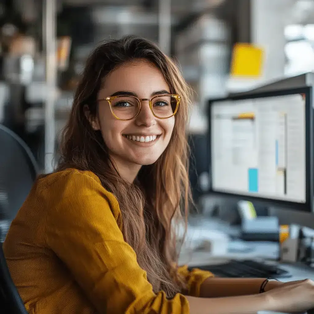 Młoda specjalistka firmy creationX pracująca przy komputerze, uśmiechnięta i ubrana w musztardowy sweter, w nowoczesnym biurze. Obraz przedstawia pozytywną atmosferę pracy w firmie creationX, gdzie kładzie się nacisk na przyjazne i inspirujące środowisko do tworzenia innowacyjnych rozwiązań dla klientów.