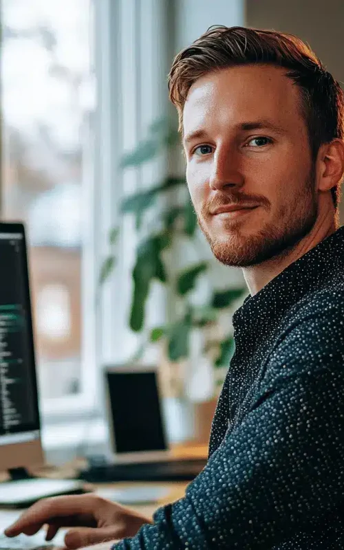 Programista z firmy creationX siedzący przy komputerze i pracujący nad kodem w jasnym, przyjaznym biurze. Obraz przedstawia atmosferę pracy nad projektami cyfrowymi, gdzie specjaliści creationX dbają o wysoką jakość kodu i profesjonalizm. Zdjęcie oddaje skupienie i zaangażowanie w realizację zadań dla klientów.