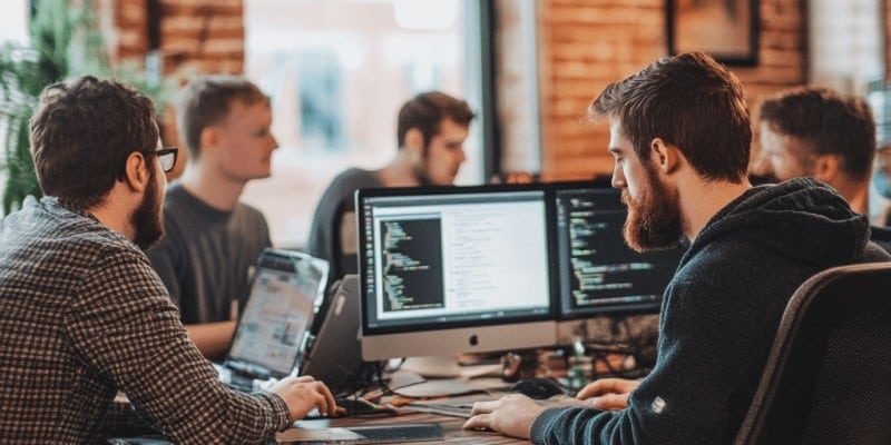 Zespół programistów firmy creationX podczas pracy nad kodowaniem projektów na komputerach. Obraz przedstawia grupę młodych profesjonalistów w nowoczesnym biurze, skoncentrowanych na tworzeniu rozwiązań cyfrowych. Widok kodu na monitorach i zaangażowanie pracowników oddają kompetencje zespołu creationX w dostarczaniu wysokiej jakości usług informatycznych, takich jak tworzenie stron internetowych i aplikacji.