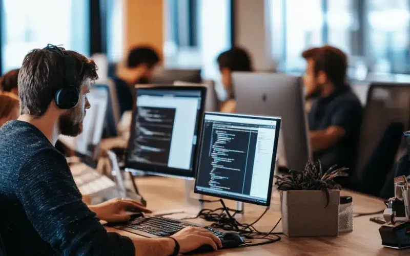 Zespół specjalistów IT firmy creationX pracujący w nowoczesnym biurze. Na pierwszym planie widoczny jest programista z słuchawkami na uszach, koncentrujący się na kodowaniu. W tle widać innych pracowników przy komputerach, co odzwierciedla profesjonalną atmosferę współpracy i zaangażowania w projekty cyfrowe realizowane przez creationX.