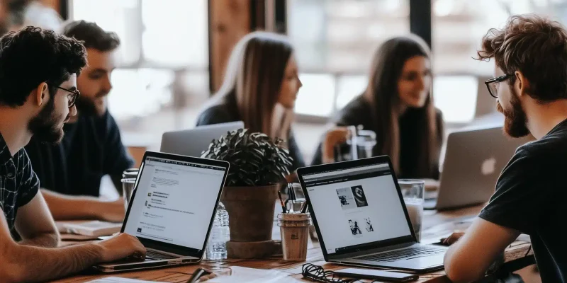 Zespół pracowników firmy creationX przy biurku, skupiony na pracy na laptopach w przyjaznym, nowoczesnym biurze. Obraz przedstawia grupę młodych profesjonalistów współpracujących nad projektem, co symbolizuje zaangażowanie i koleżeńską atmosferę pracy w creationX. Zdjęcie podkreśla współpracę i kreatywność zespołu, który pracuje nad realizacją złożonych projektów dla klientów firmy.